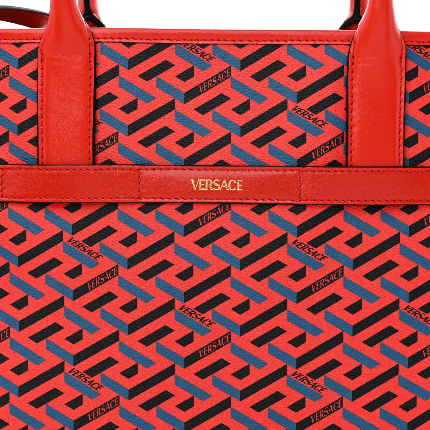 Versace Coated Canvas Calfskin La Greca Signature Tote Bag Blue Red 7 of 9