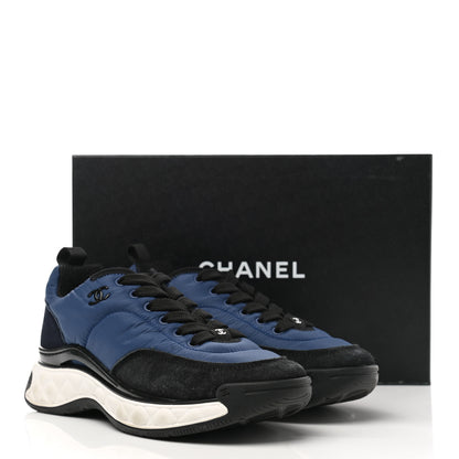 Chanel Nylon Suede Calfskin Womens Logo Sneakers 37.5 Blue Navy Dark Navy 10 of 10
