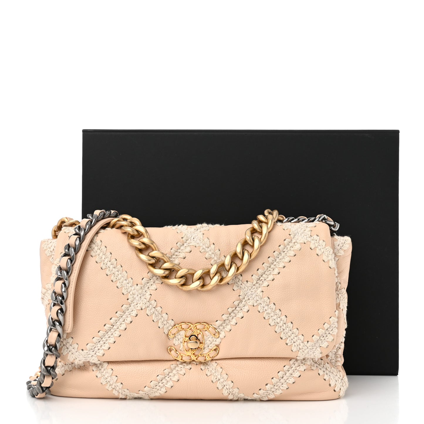 Calfskin Crochet Large Chanel 19 Flap Beige