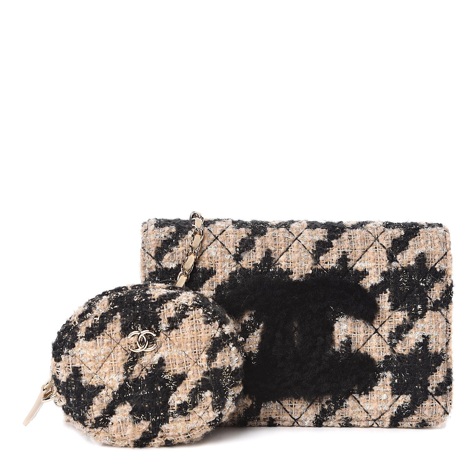 Chanel Tweed Shearling Quilted Wallet On Chain WOC and Coin Purse Beige Black 1 of 14