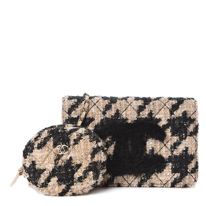 Chanel Tweed Shearling Quilted Wallet On Chain WOC and Coin Purse Beige Black 1 of 14