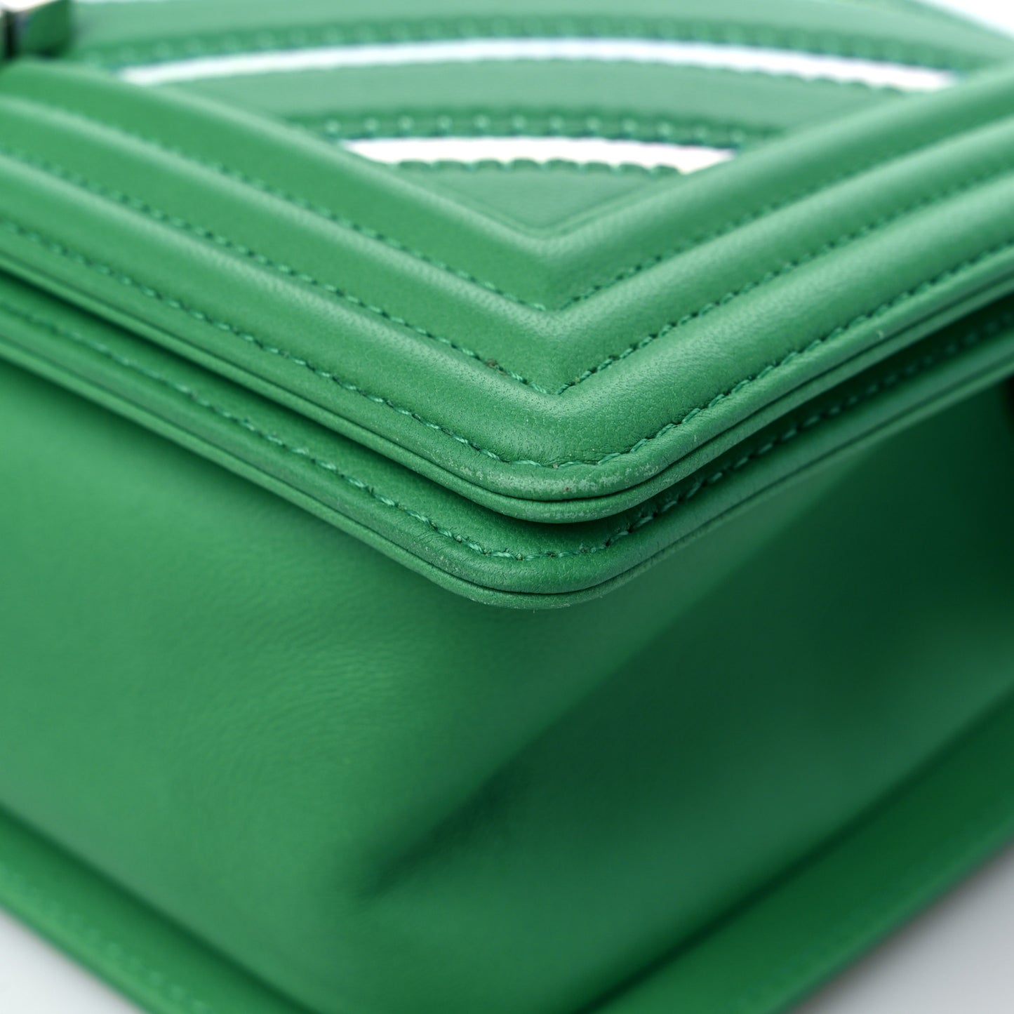 Lambskin Iridescent PVC Chevron Quilted Medium Boy Flap Green Silver