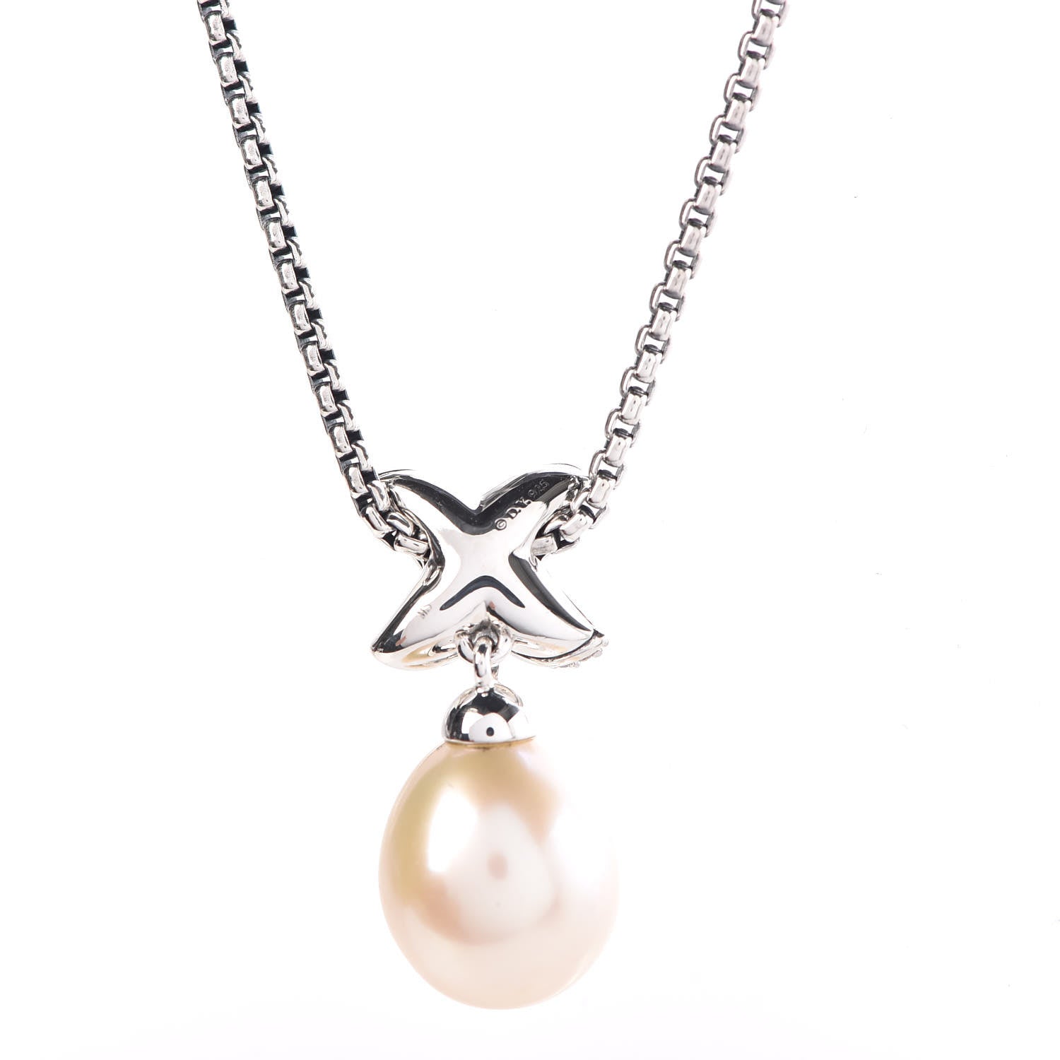 David Yurman Sterling Silver Pearl Diamond 25mm X Pendant Necklace 6 of 6