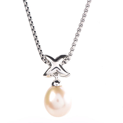 David Yurman Sterling Silver Pearl Diamond 25mm X Pendant Necklace 6 of 6