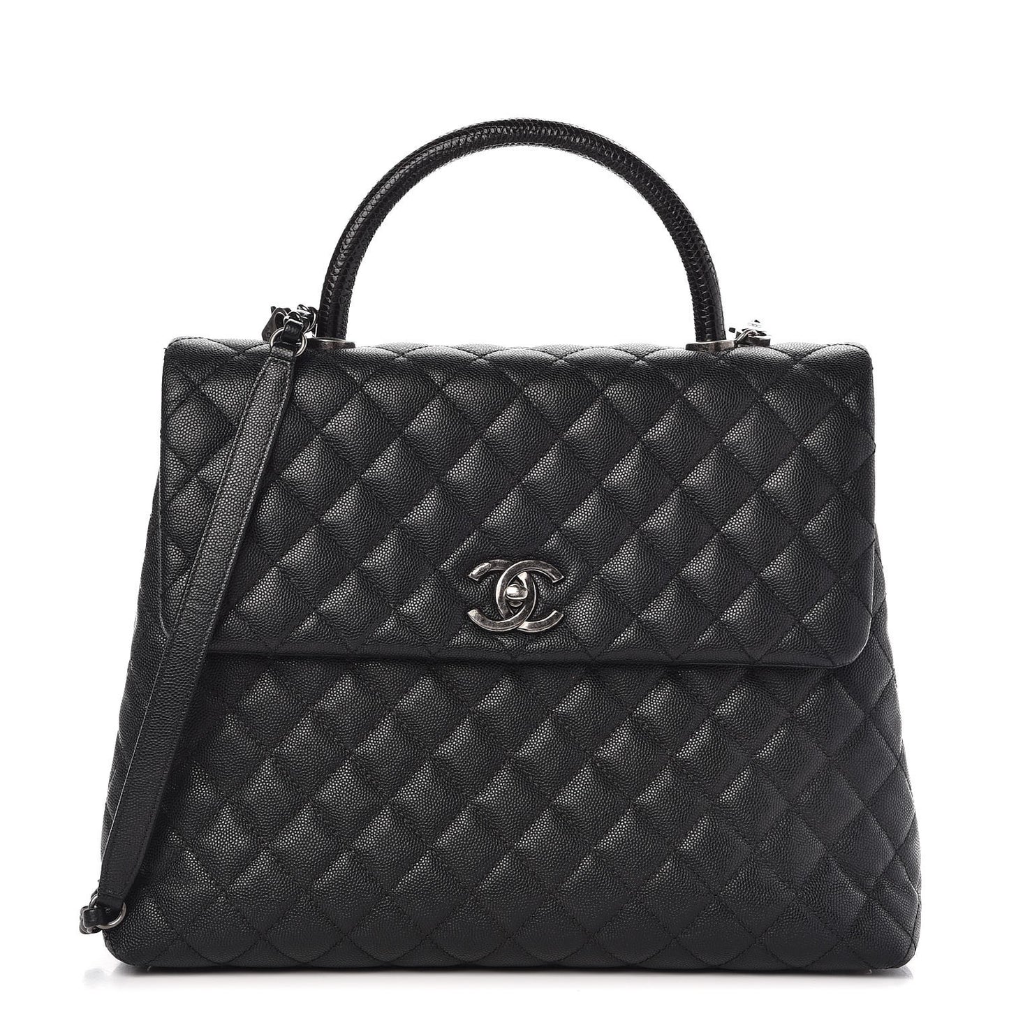 Caviar Lizard Quilted Large Coco Handle Flap Black