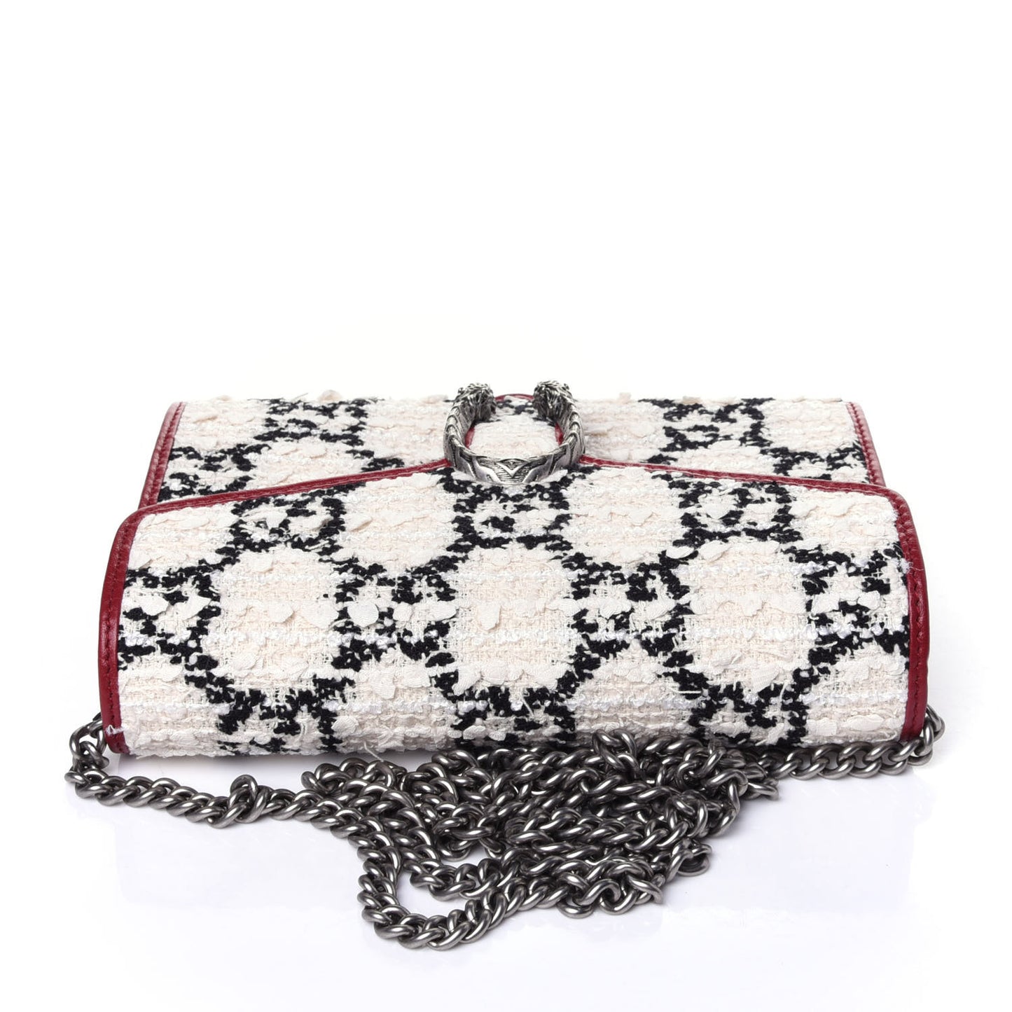 Tweed GG Monogram Mini Dionysus Chain Wallet White Black Romantic Cherry