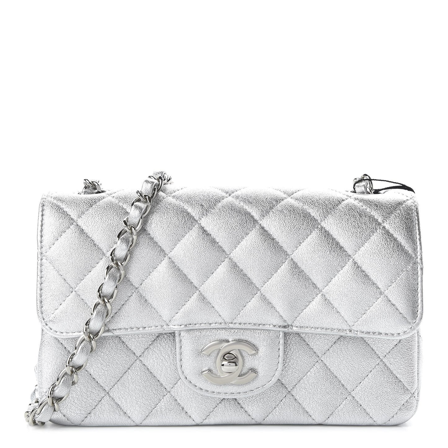 Metallic Lambskin Quilted Mini Rectangular Flap Silver