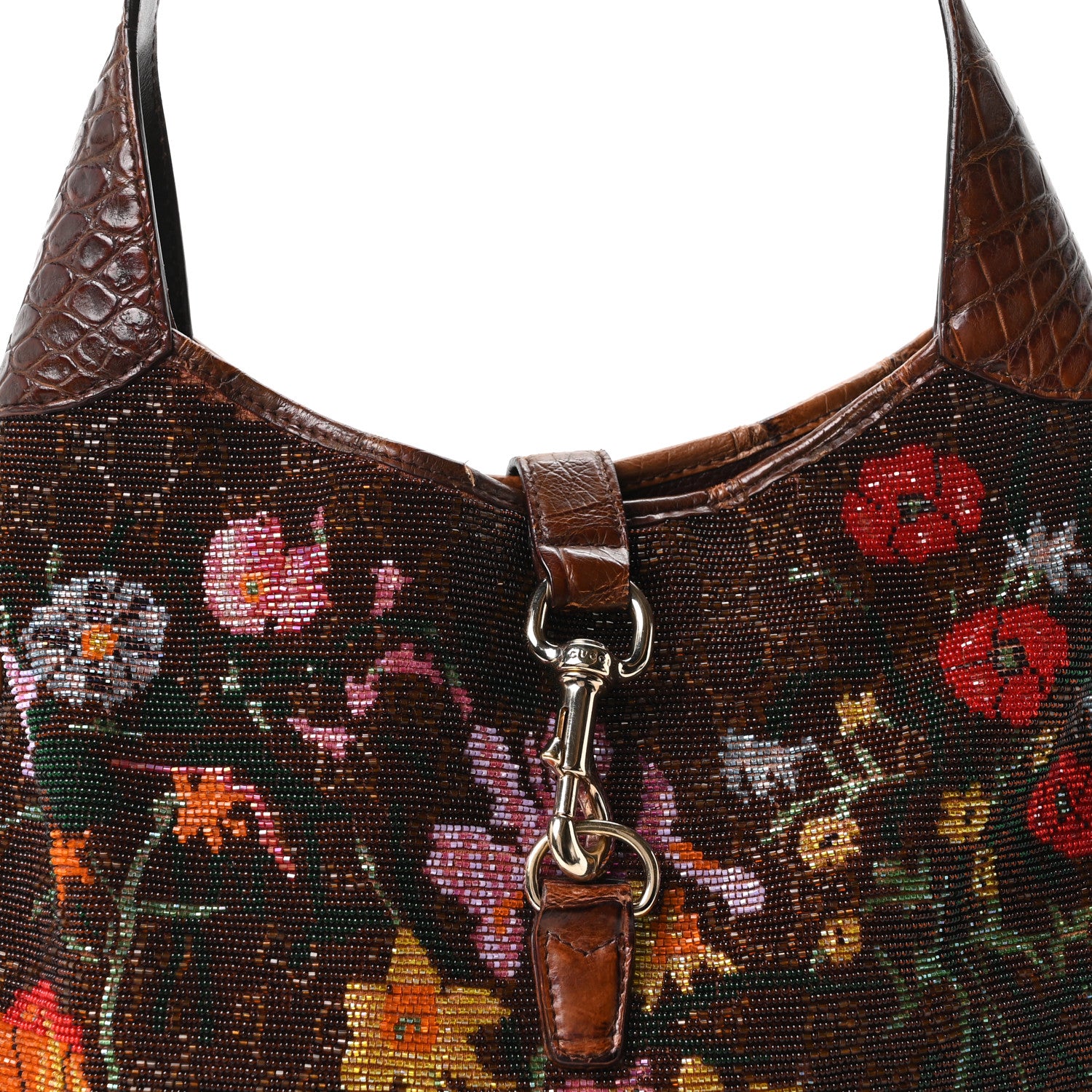 Gucci Crocodile Suede Beaded Floral Jackie Hobo Bag Brown 8 of 10
