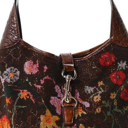 Gucci Crocodile Suede Beaded Floral Jackie Hobo Bag Brown 8 of 10