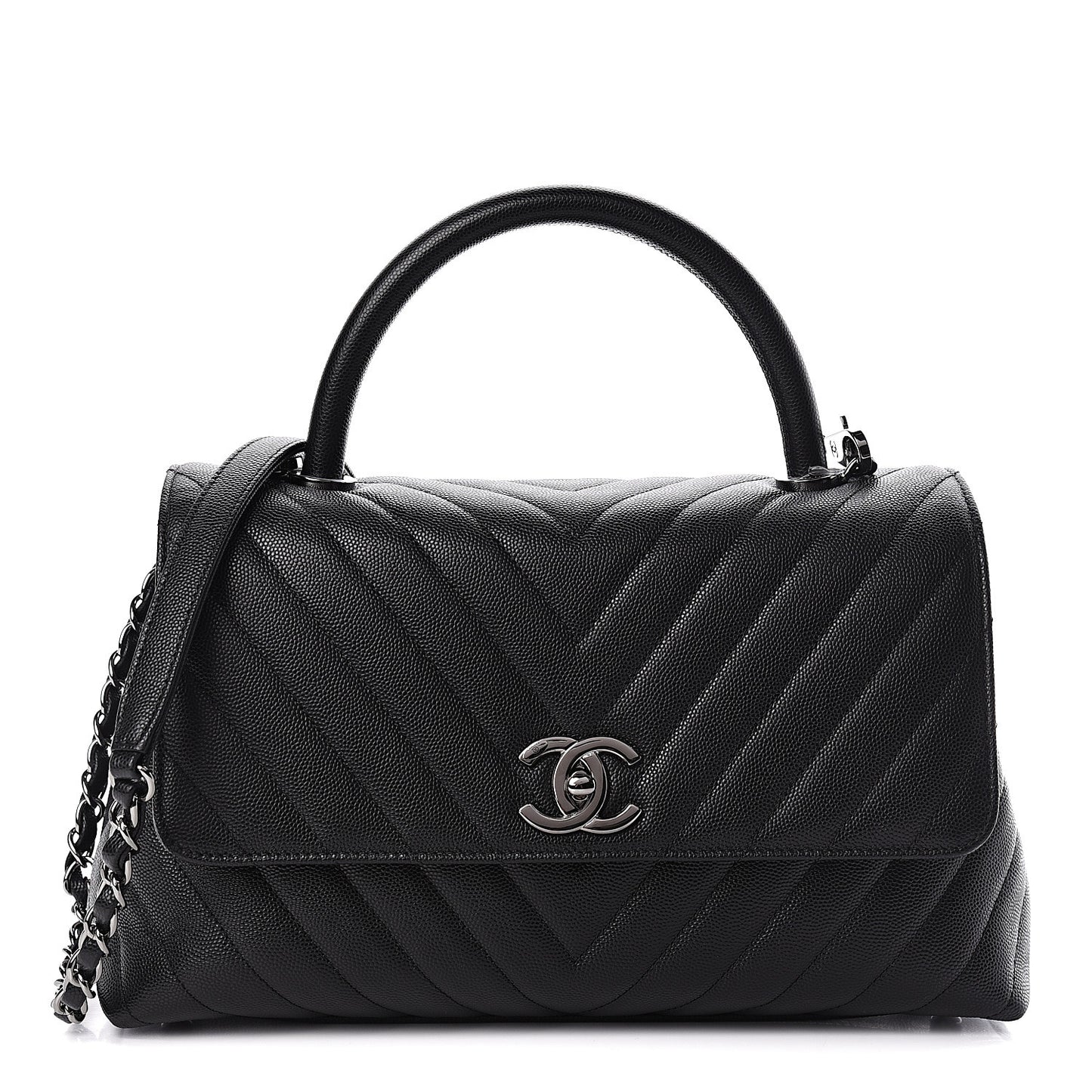 Caviar Chevron Quilted Small Coco Handle Flap Black