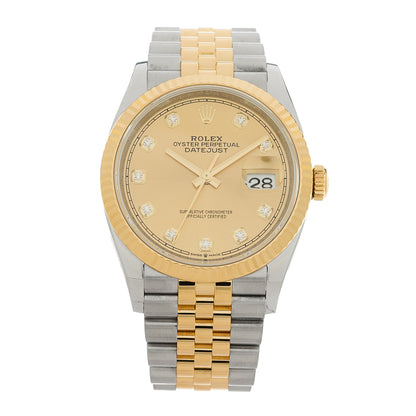 Rolex Stainless Steel 18K Yellow Gold Diamond 36mm Oyster Perpetual Datejust Watch Champagne 126233 1 of 4