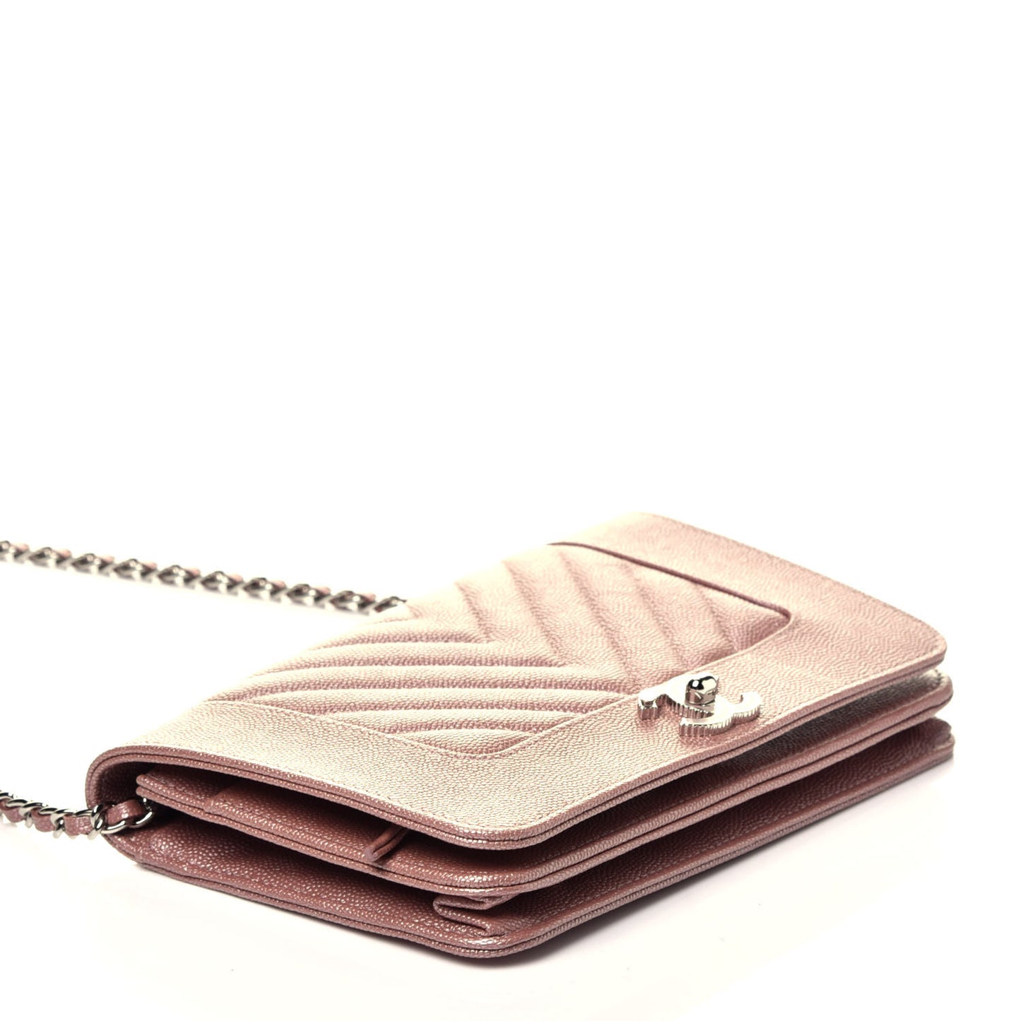Metallic Caviar Chevron Quilted Vintage Mademoiselle Wallet On Chain WOC Pink