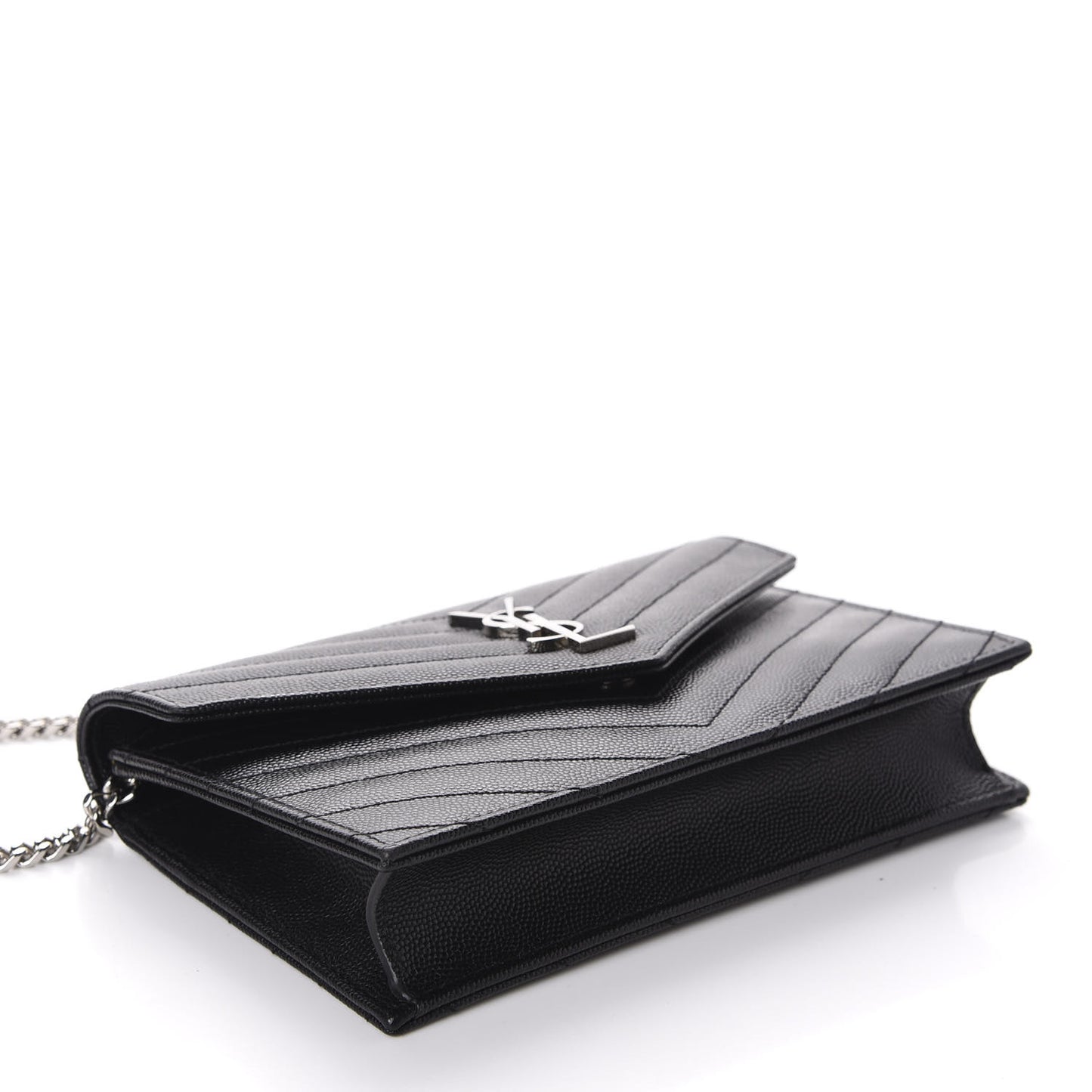 Grain De Poudre Matelasse Chevron Monogram Envelope Chain Wallet Black