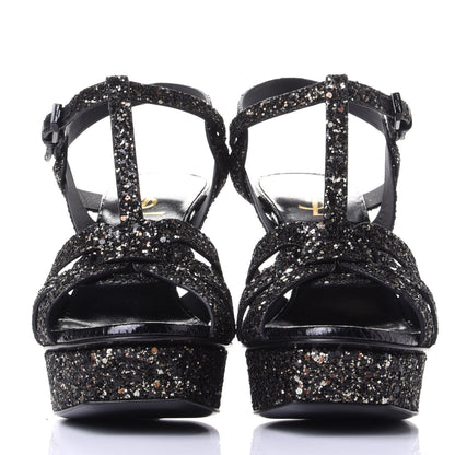 Saint Laurent Glitter Calfskin Ayers Tribute 75 Platform Sandals 39.5 Midnight 2 of 10
