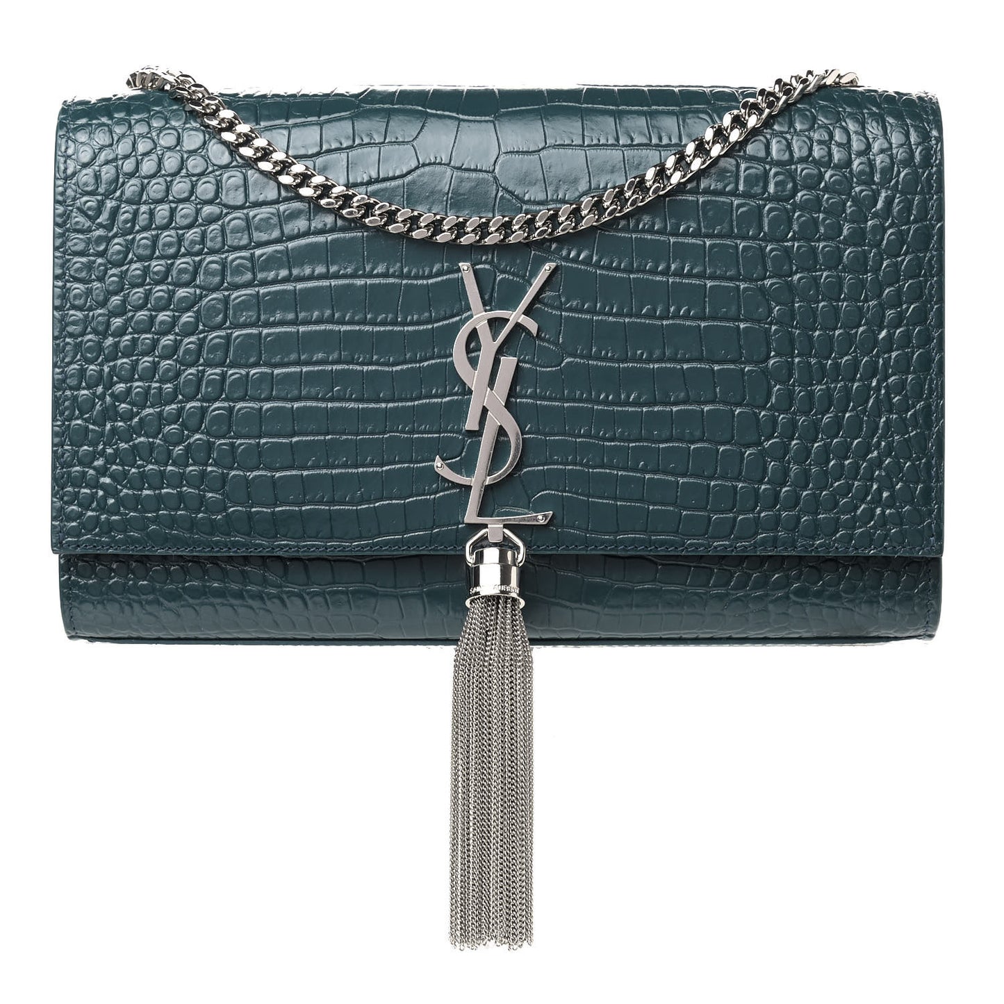 Calfskin Crocodile Embossed Medium Classic Monogram Kate Tassel Satchel Dark Green
