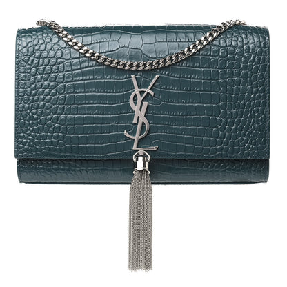 Saint Laurent Calfskin Crocodile Embossed Medium Classic Monogram Kate Tassel Satchel Dark Green 1 of 8