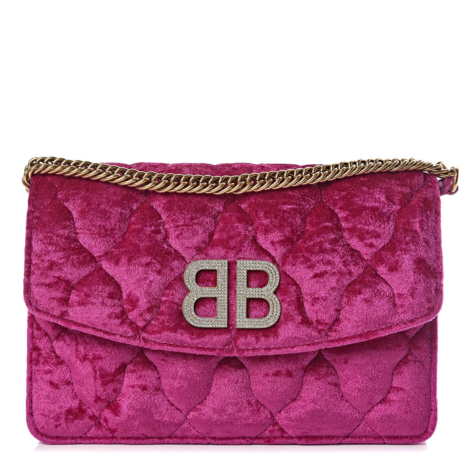 Balenciaga Crushed Velvet Crystal Mattress Quilted BB Wallet On Chain Fuchsia 1 of 9