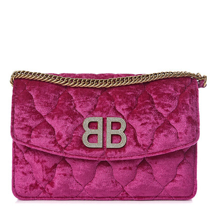 Balenciaga Crushed Velvet Crystal Mattress Quilted BB Wallet On Chain Fuchsia 1 of 9