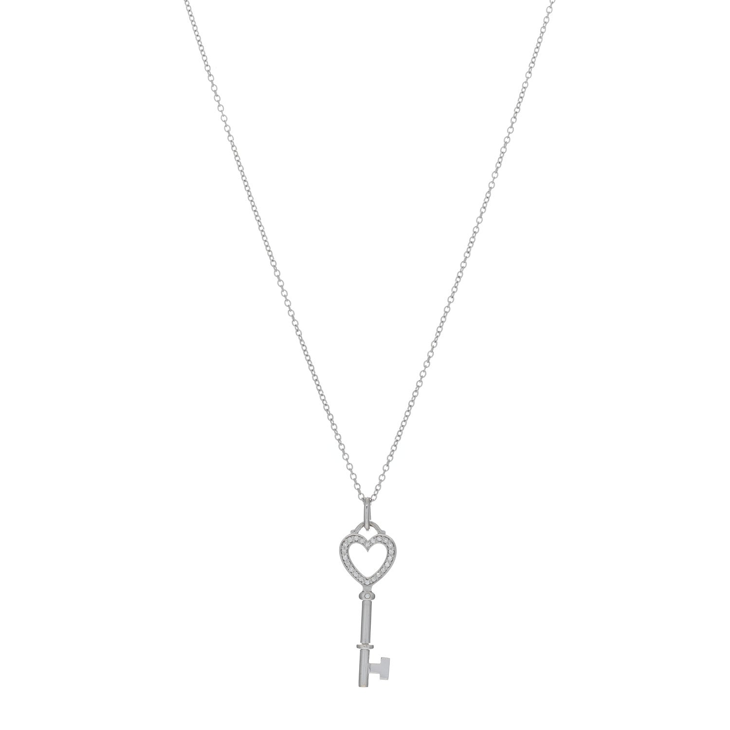 Tiffany 18K White Gold Diamond Mini Heart Key Charm Pendant Link Necklace 1 of 5