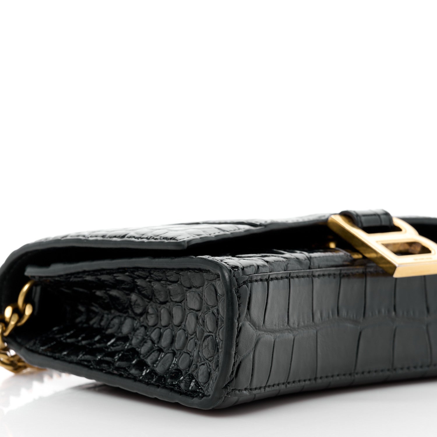 Balenciaga Shiny Calfskin Crocodile Embossed Hourglass Chain Bag Black 8 of 10