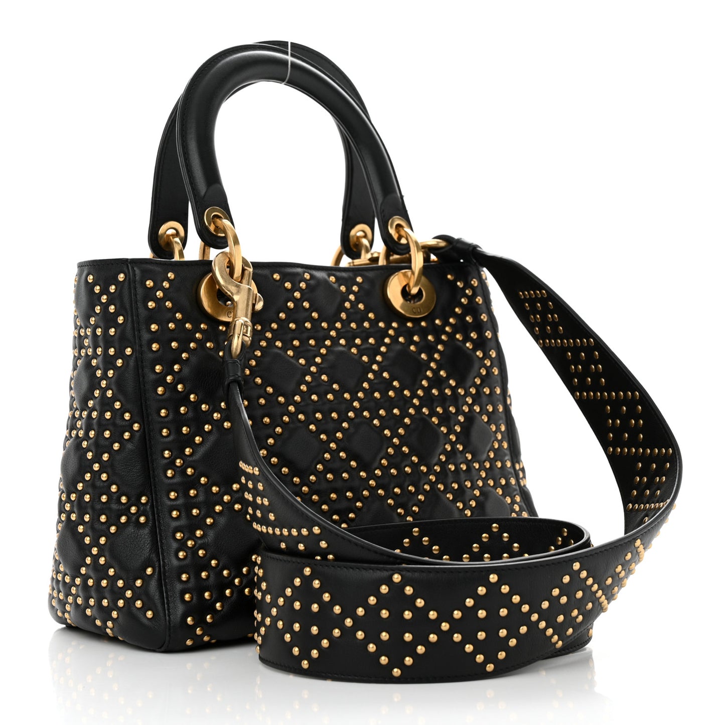 Calfskin Cannage Studded Medium Supple Lady Dior Black