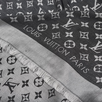Louis Vuitton Silk Wool Monogram Denim Shawl Black Silver 4 of 8