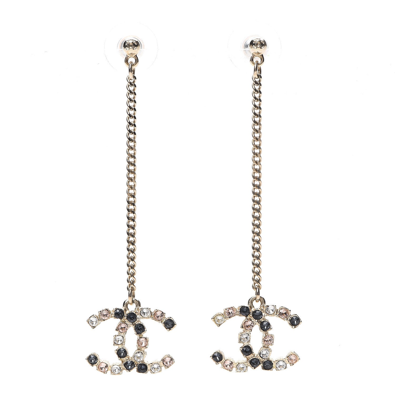 Chanel Crystal CC Drop Earrings Pink Grey Gold 1 of 5