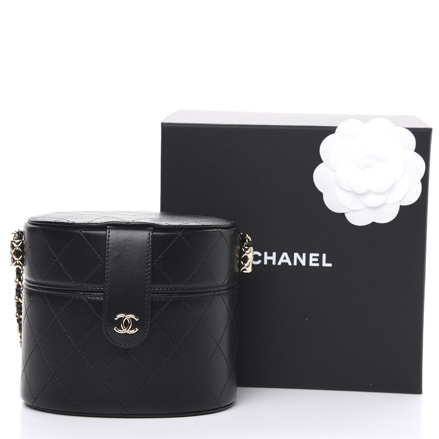 Lambskin Quilted Round Vanity Case With Chain Black