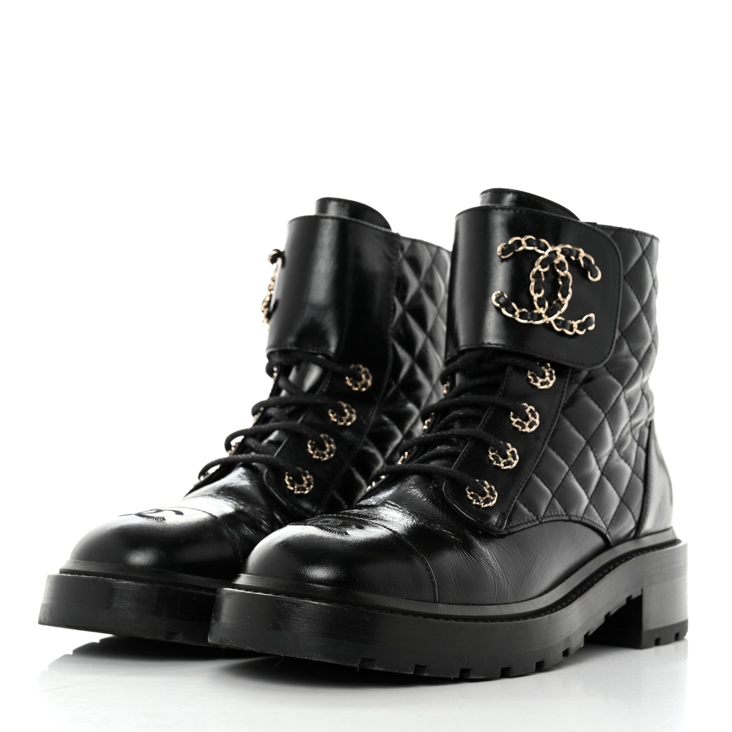 Shiny Calfskin Quilted Lace Up Combat Boots 39 Black