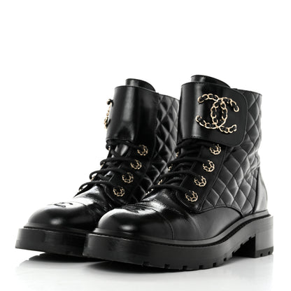 Chanel Shiny Calfskin Quilted Lace Up Combat Boots 39 Black 3 of 9