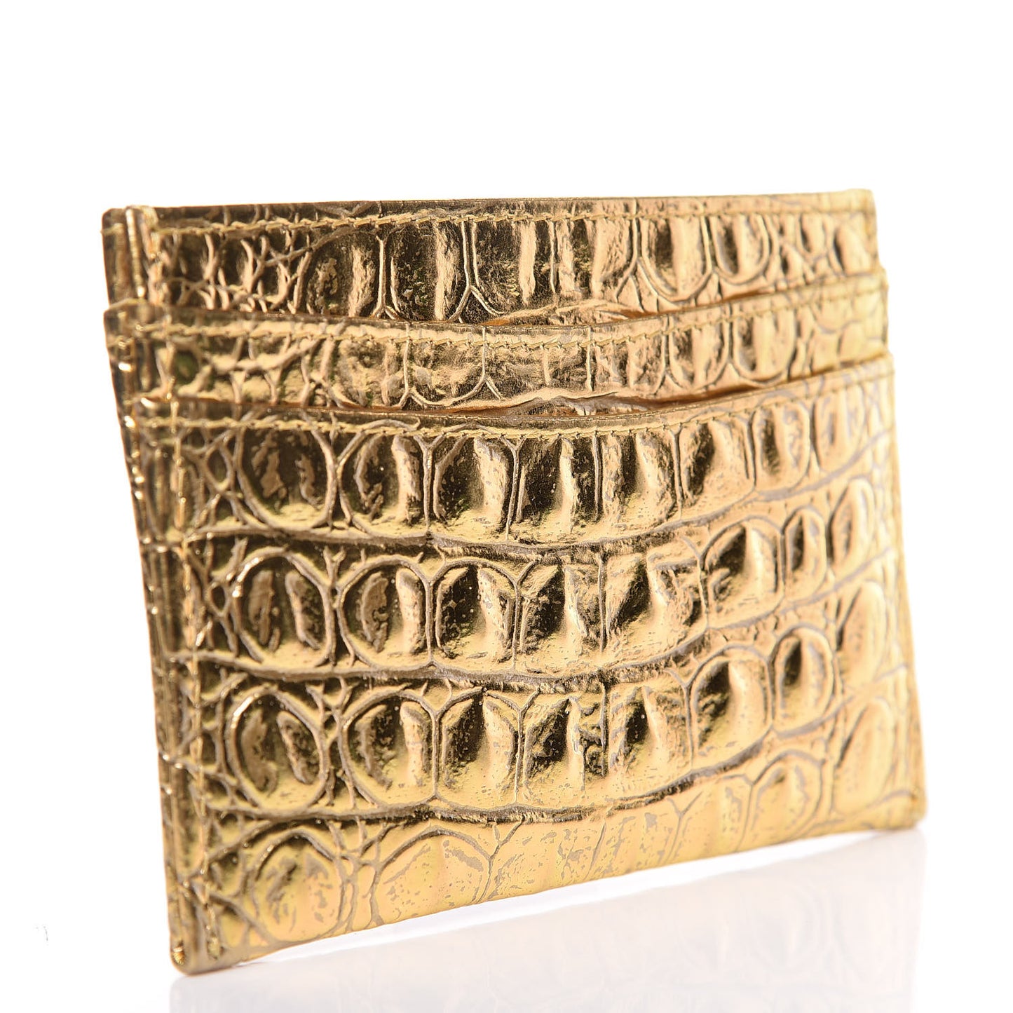 Metallic Calfskin Crocodile Embossed Cocodile Card Holder Gold
