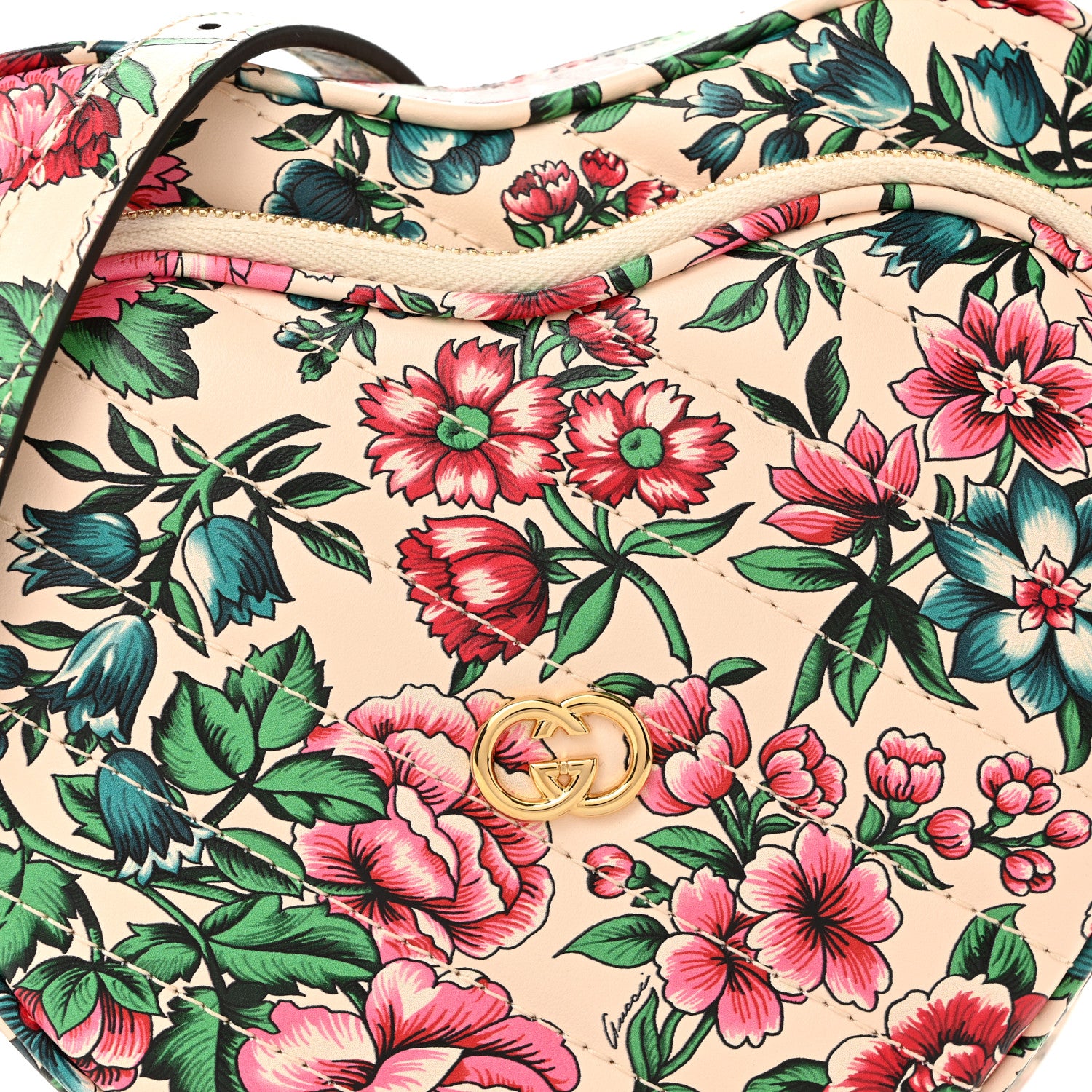 Gucci Calfskin Matelasse Diagonal Brit Roses Print Mini Interlocking G Heart Shoulder Bag  White Multicolor 9 of 11