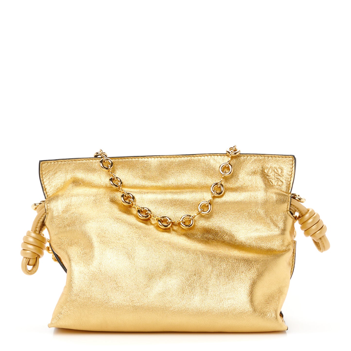 Metallic Calfskin Mini Chain Flamenco Knot Clutch Gold
