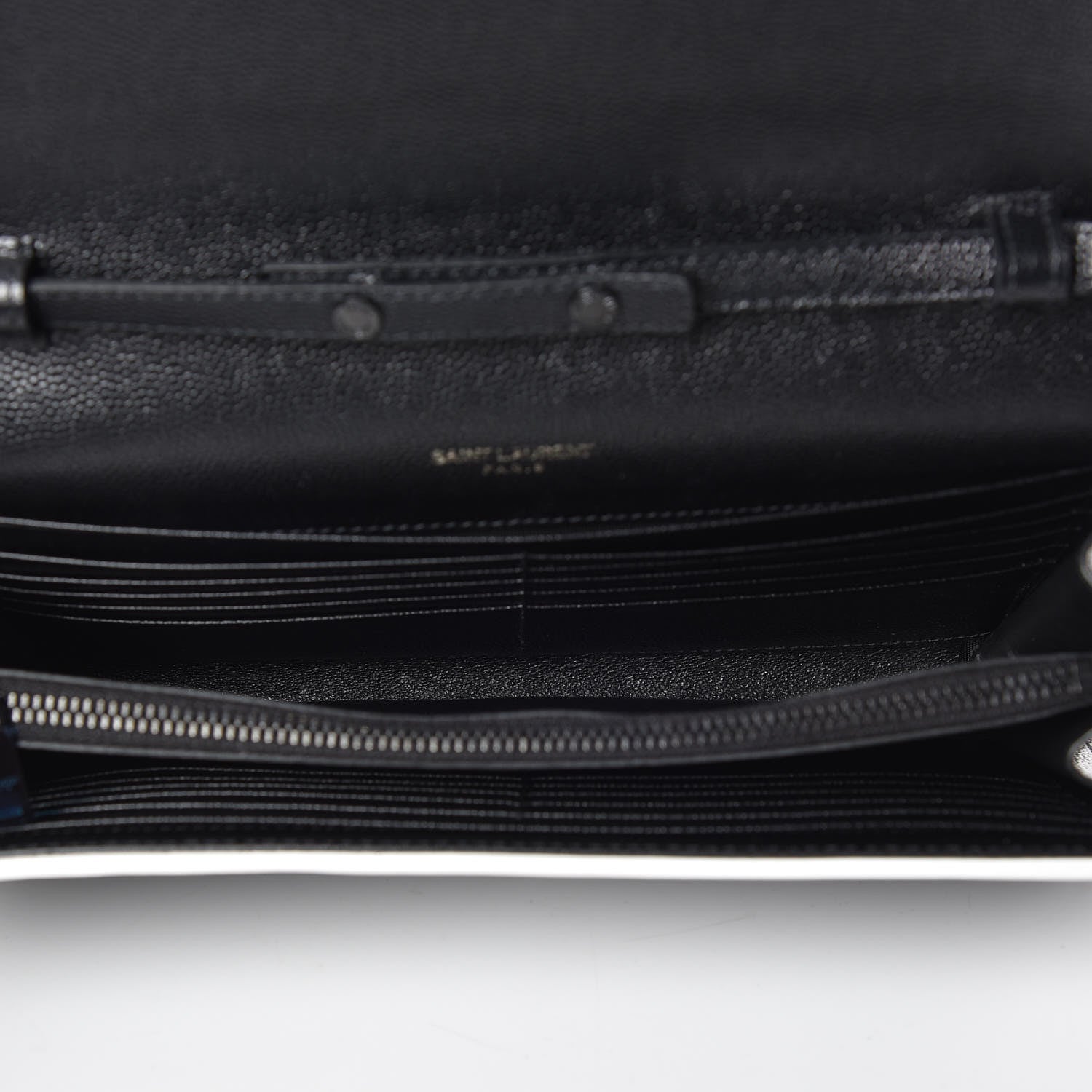 Saint Laurent Grain De Poudre Matelasse Chevron Monogram Chain Wallet Black White 7 of 8