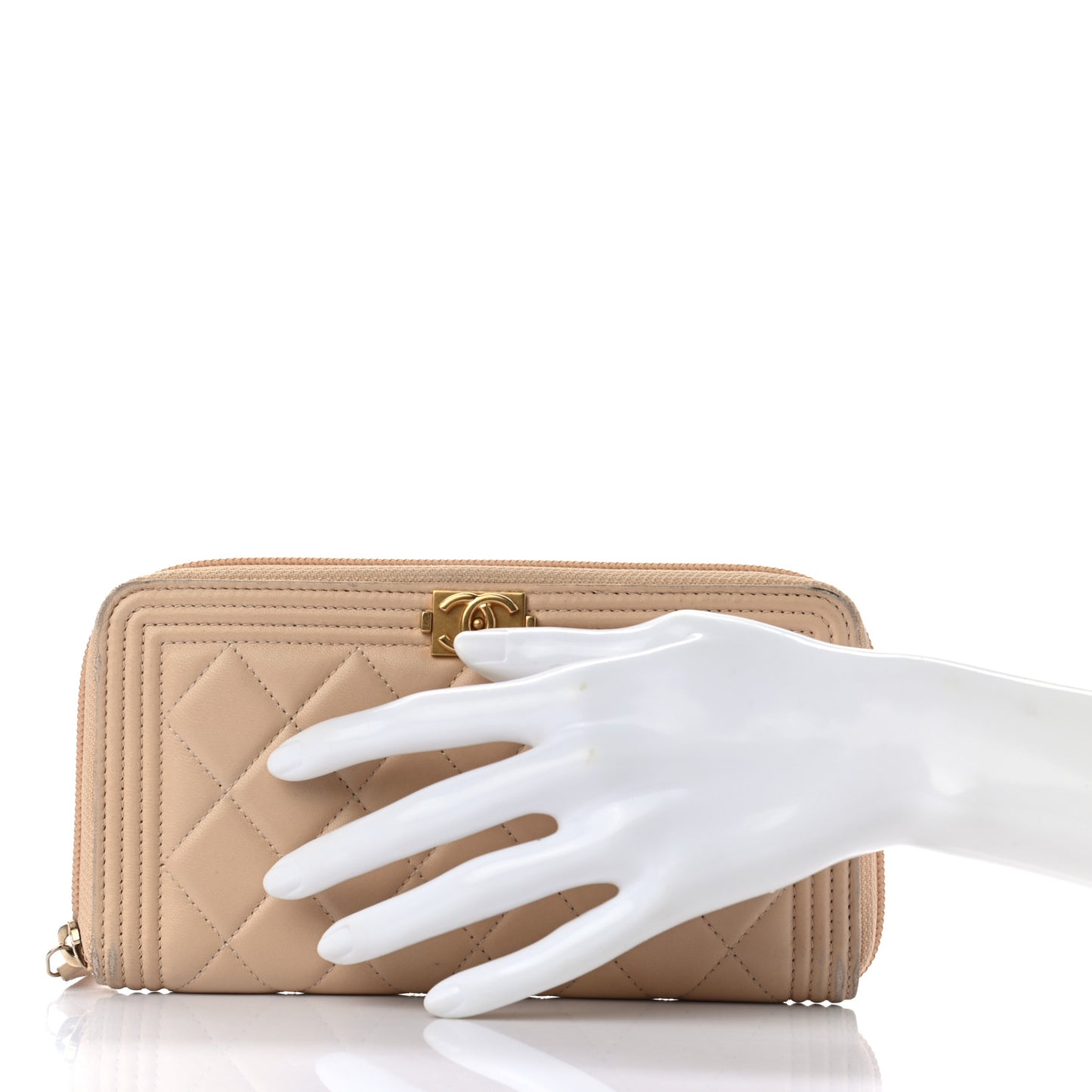 Lambskin Quilted Boy Zip Around Wallet Beige