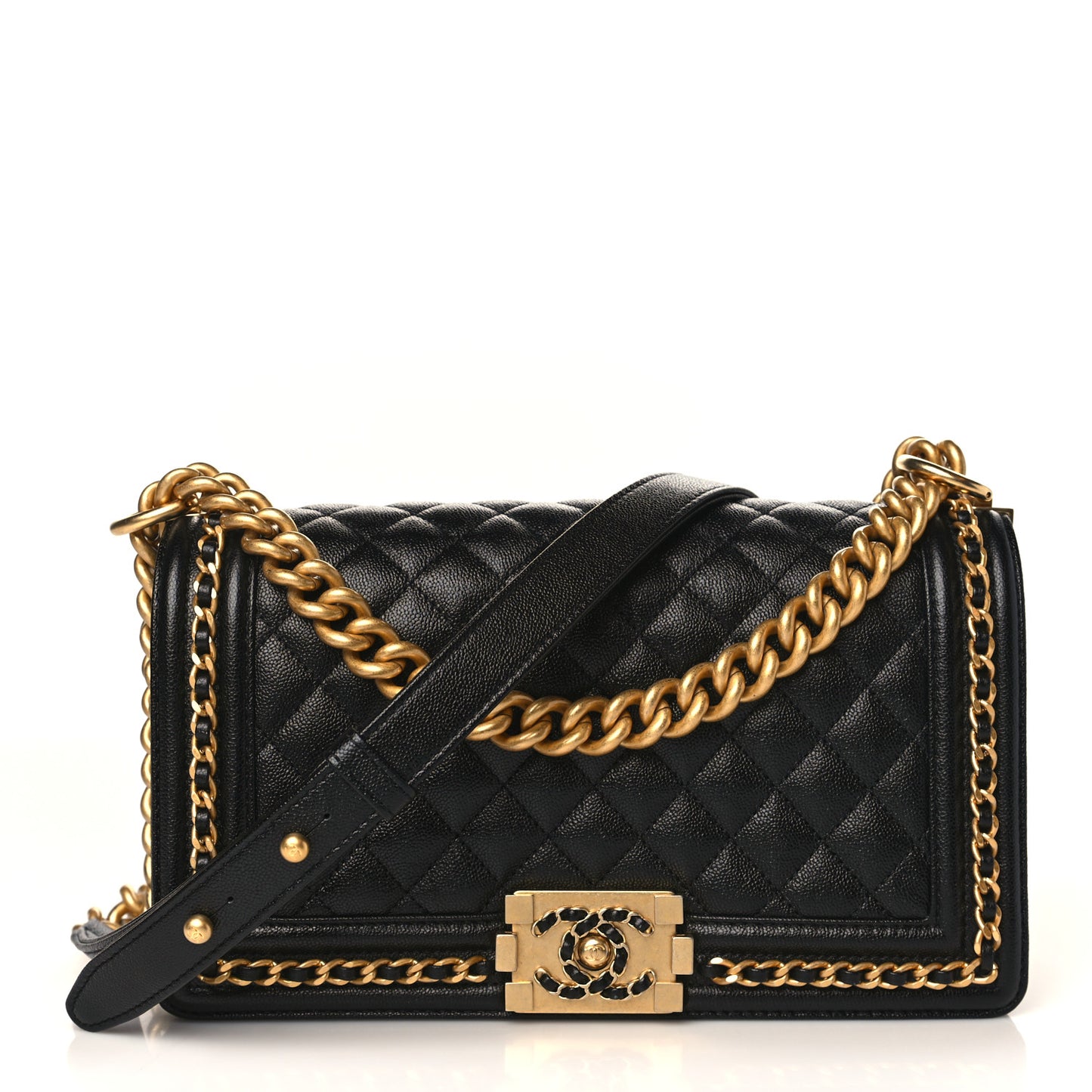 Caviar Quilted Medium Chain Around Boy Flap Black