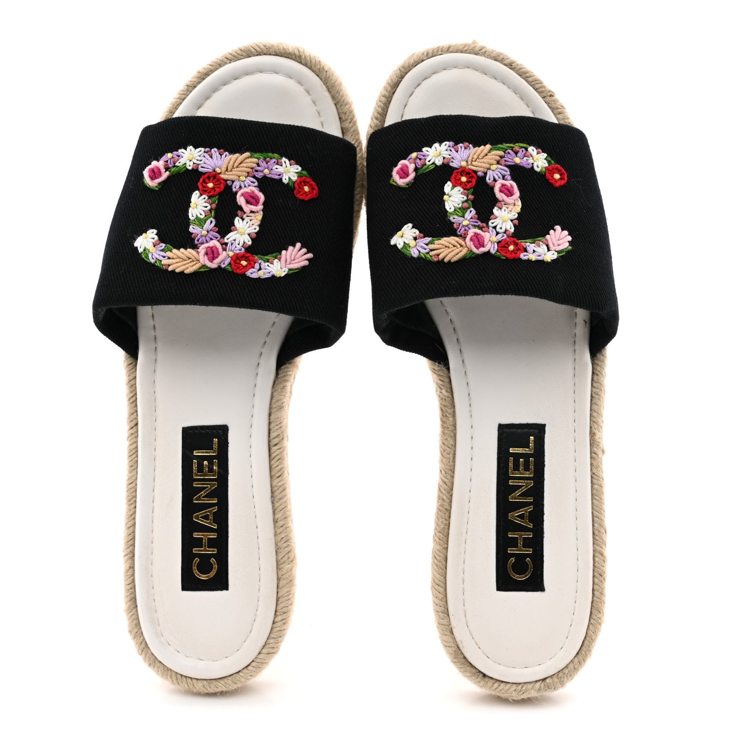 Canvas Embroidered CC Floral Espadrille Slip On Sandals 39 Black Multicolor