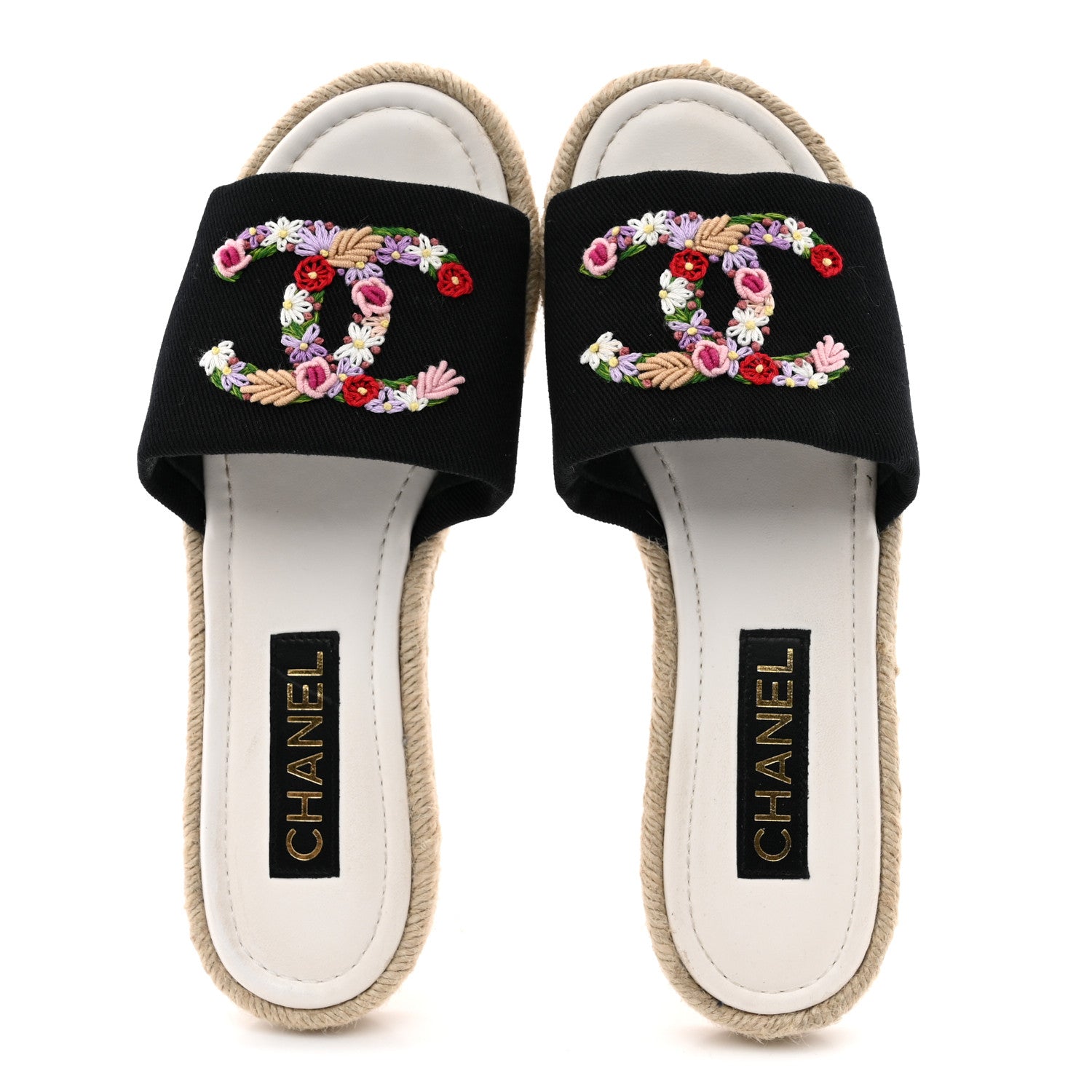 Chanel Canvas Embroidered CC Floral Espadrille Slip On Sandals 39 Black Multicolor 2 of 11