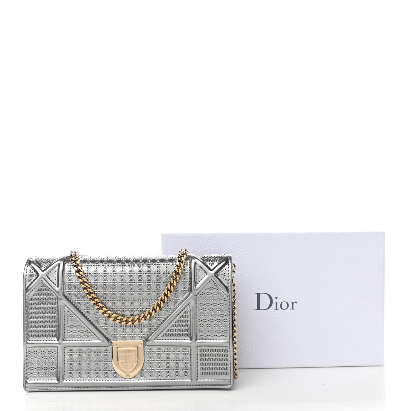 Metallic Patent Micro-Cannage Diorama Wallet on Chain Pouch Silver
