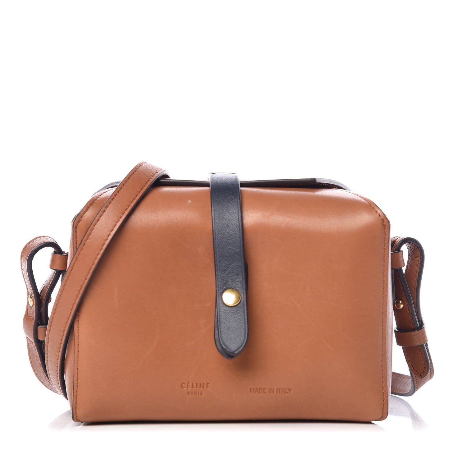 Sleek Calfskin Box On Strap Bag Camel Navy