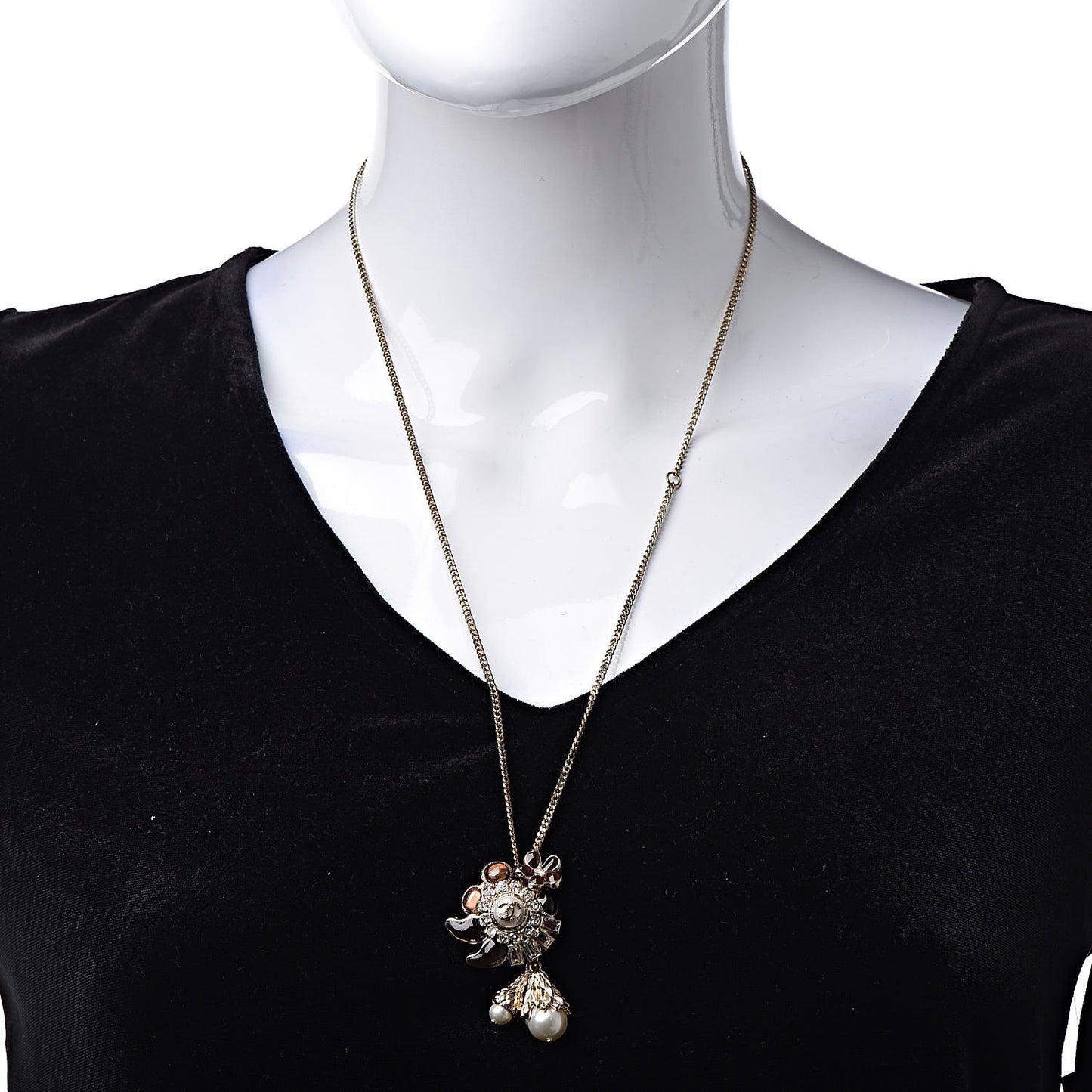 Gripoix Poured Glass Baguette Crystal Pearl CC Pendant Brown Light Gold