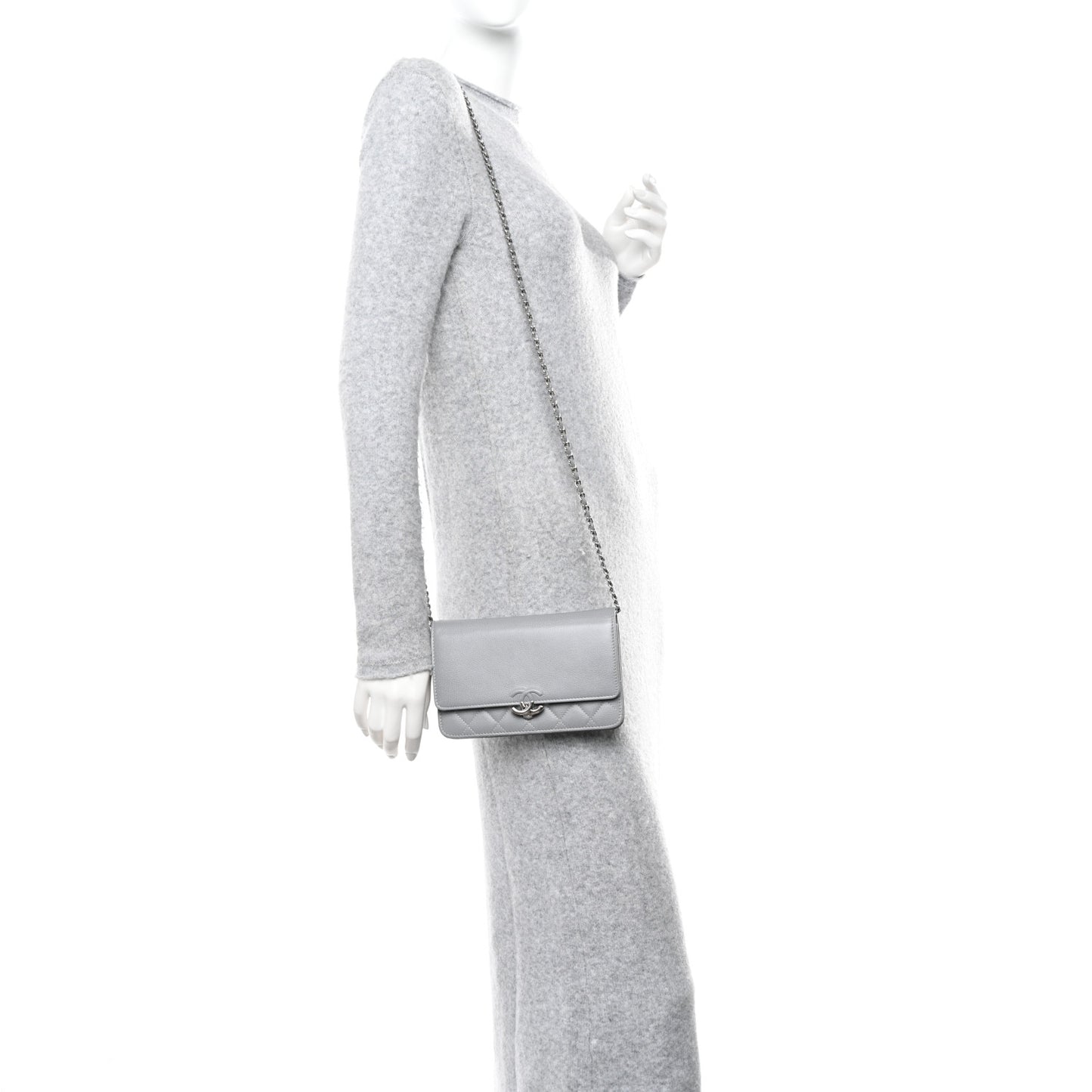 Grained Calfskin Quilted CC Box Wallet On Chain WOC Grey