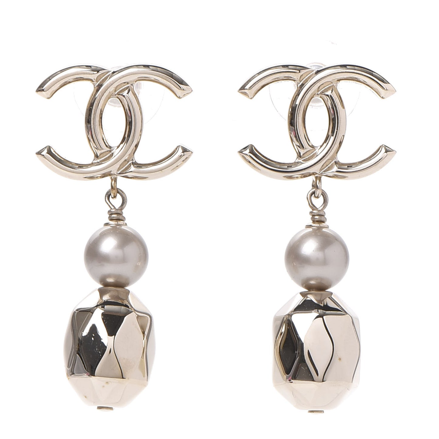 Metal Bead Pearl CC Drop Earrings Golden Pearly White