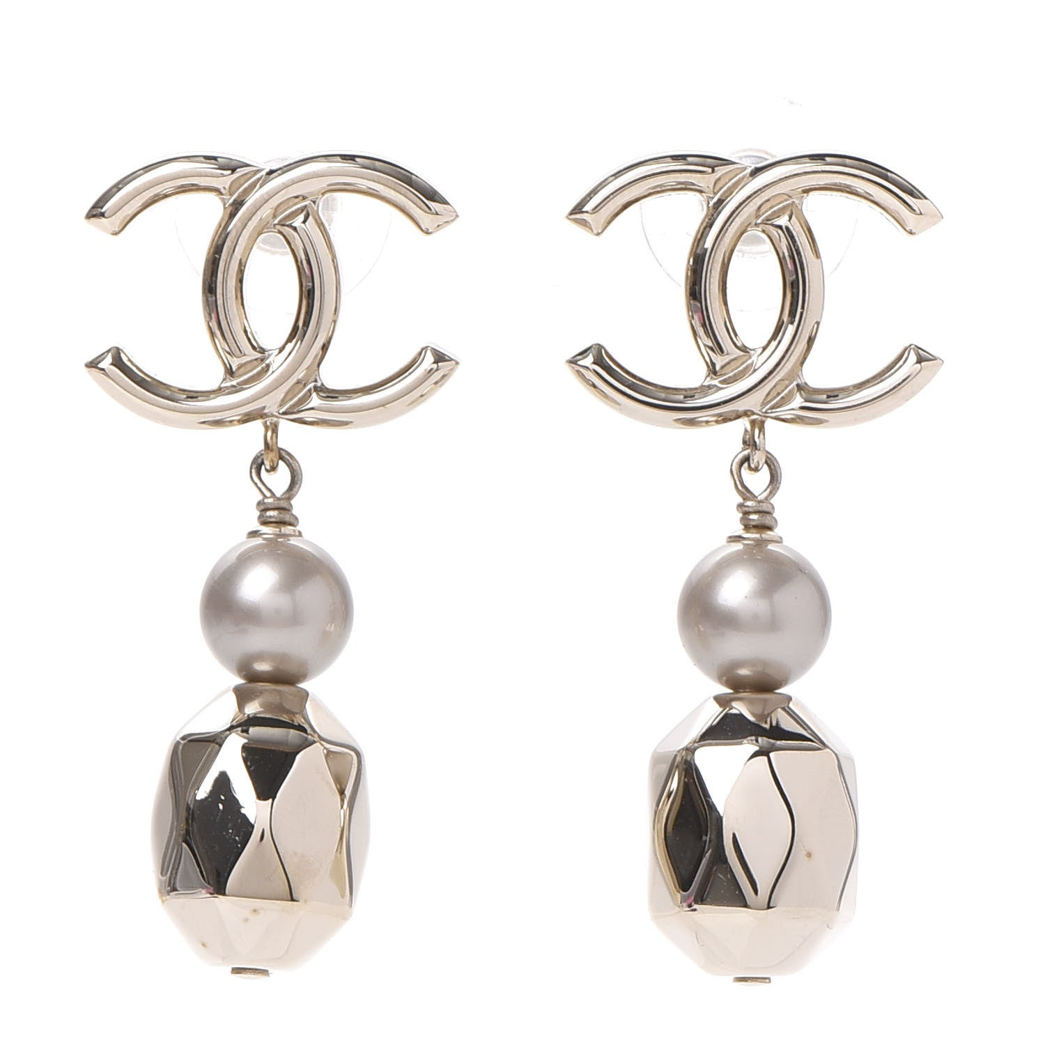 Chanel Metal Bead Pearl CC Drop Earrings Golden Pearly White 1 of 5