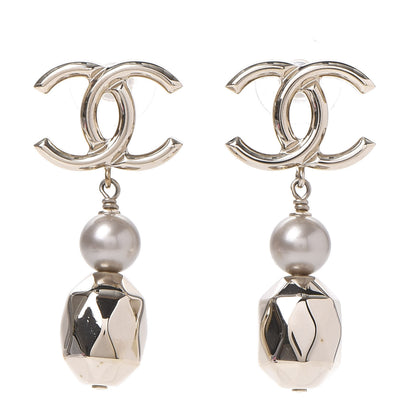Chanel Metal Bead Pearl CC Drop Earrings Golden Pearly White 1 of 5