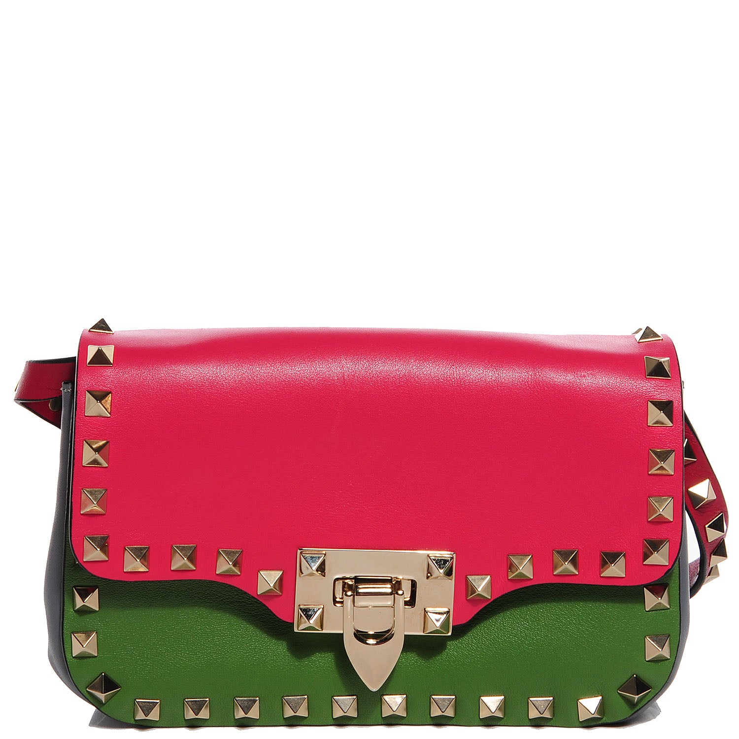 Valentino Garavani Vitello Colorblock Mini Rockstud Flap Saddle Crossbody Bag Deep Rose Green Grey Scarlet 1 of 8