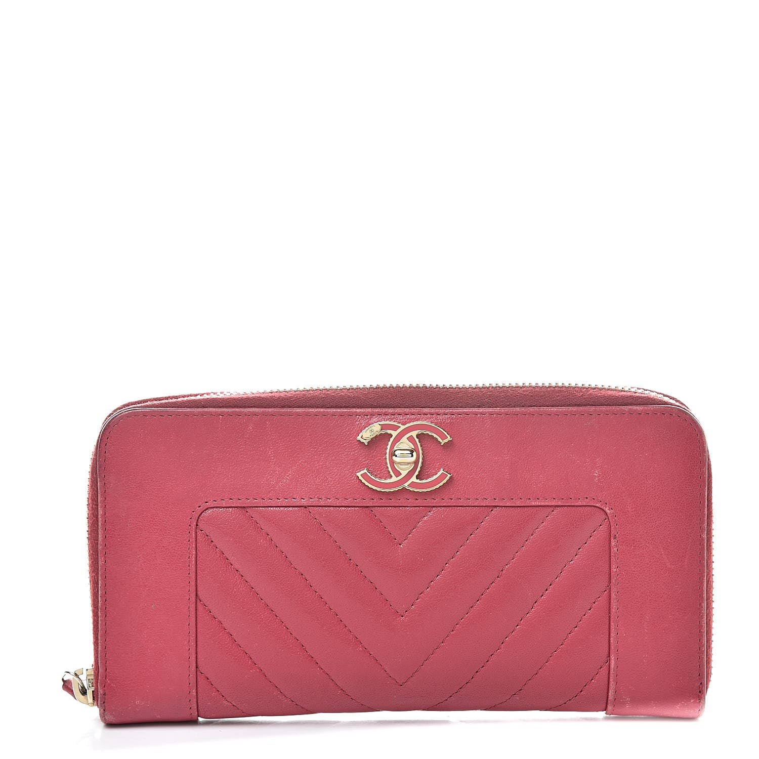 Chanel Sheepskin Chevron Quilted Mademoiselle Vintage Zip Around Wallet Dark Pink 1 of 20