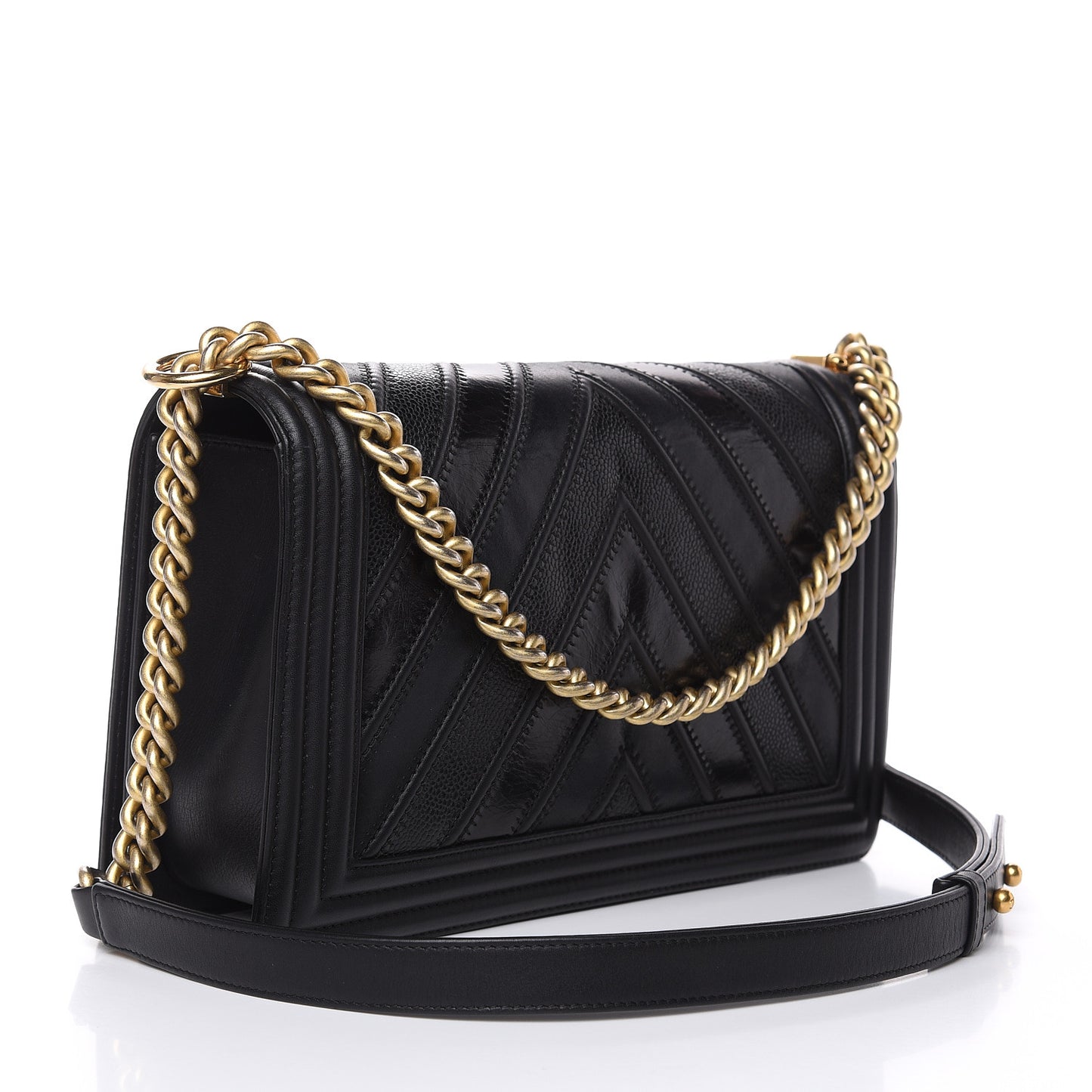 Calfskin Caviar Suede Chevron New Medium Boy Flap Black