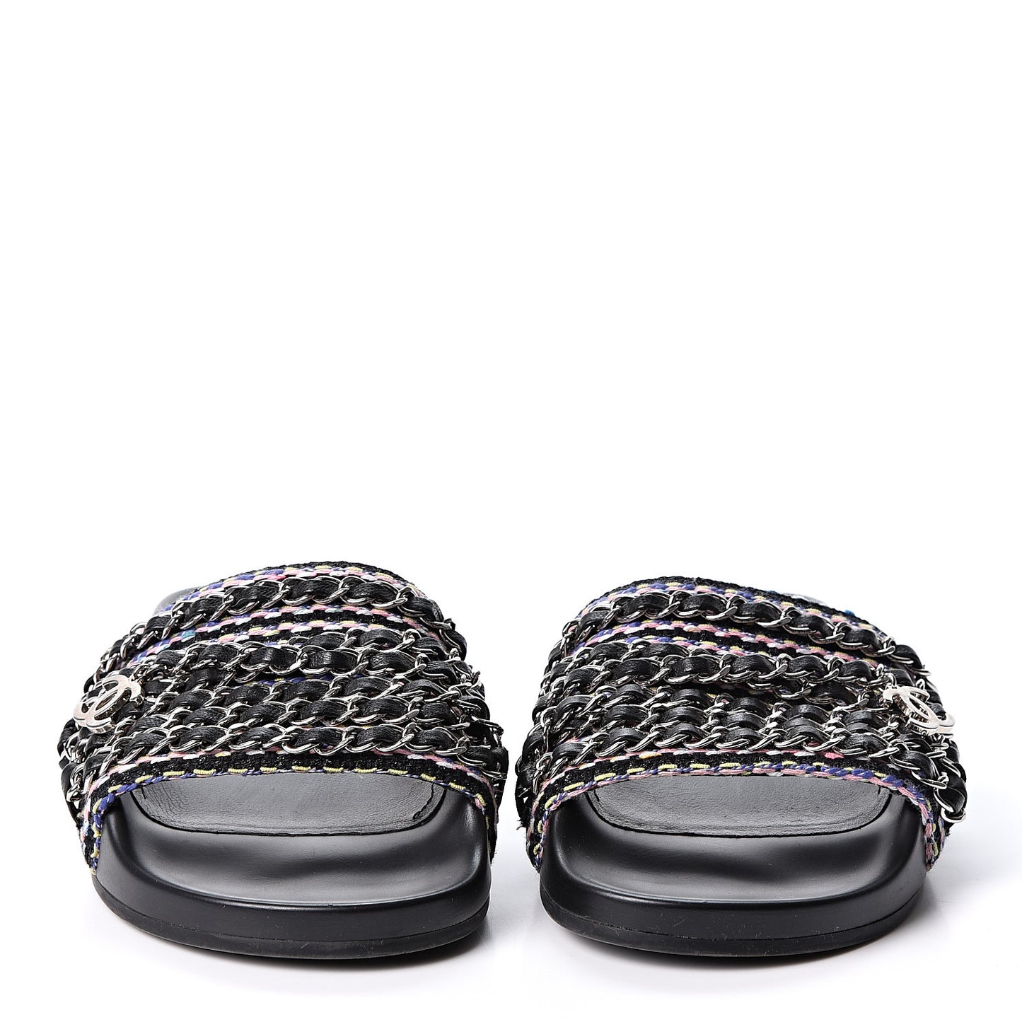 Tweed Lambskin Chain Flat Sandals 34 Black Multicolor