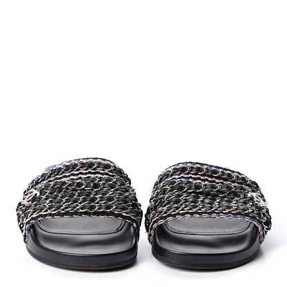 Chanel Tweed Lambskin Chain Flat Sandals 34 Black Multicolor 2 of 10